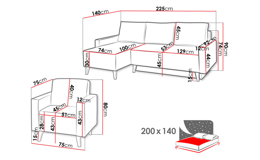 OLAF Sofasæt 3+1 - dimensioner