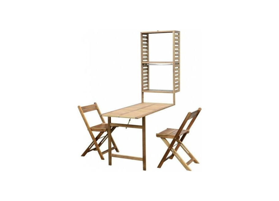 HAVEMØBLER I TRÆ: BORD, HYLDE + TO STOLE #1